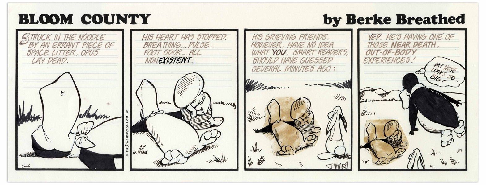 Berke Breathed Original Hand-Drawn Comic Strip for ''Bloom County'' -- Opus Has a Near Death Experience